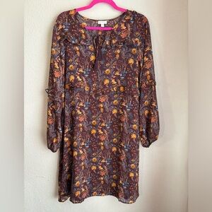 Garnet Hill 100% Silk Burgundy Floral Ruffled Boho Knee Length Swing Dress S